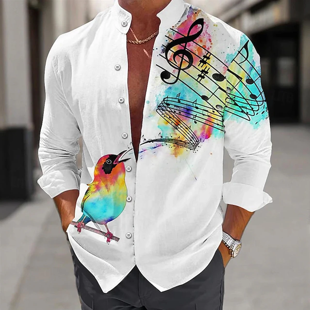 

Men's Stand Collar Long Sleeve Shirt Song Bird Musical Notes 3D Printing Casual Comfort Shirt Super Large Size XS-6XL Fast Shipp