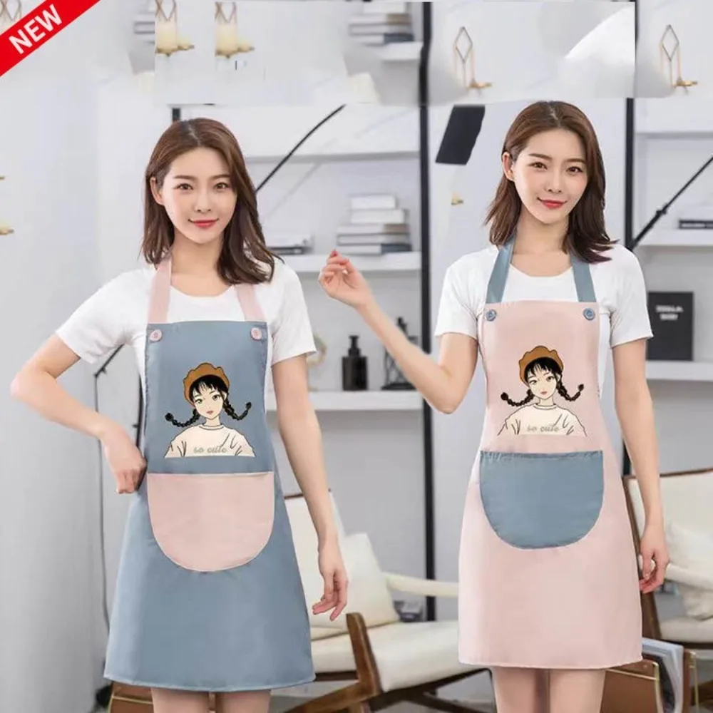 Fashion Cartoon Girl Kitchen Apron Waterproof Household Cooking Aprons Anti-Oil Baking Accessories Wipe Hand Apron for Women