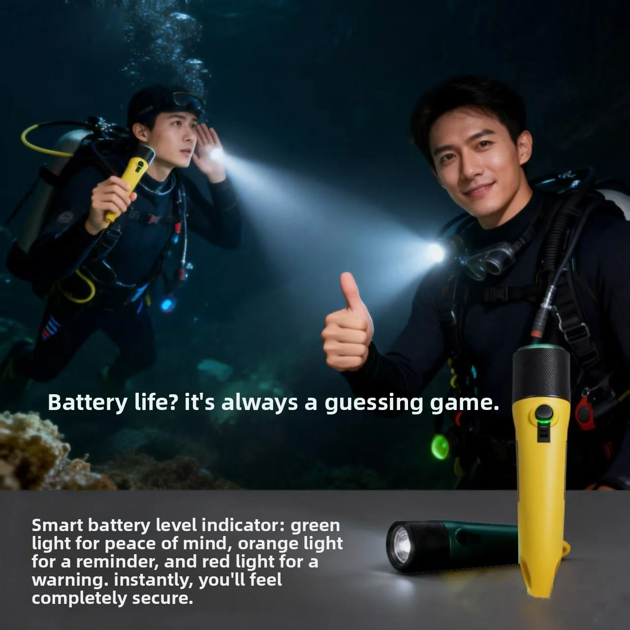 H9 1500LM Professional Diving Flashlight – Smart Battery Display, 8-Hour Runtime, Underwater Torch
