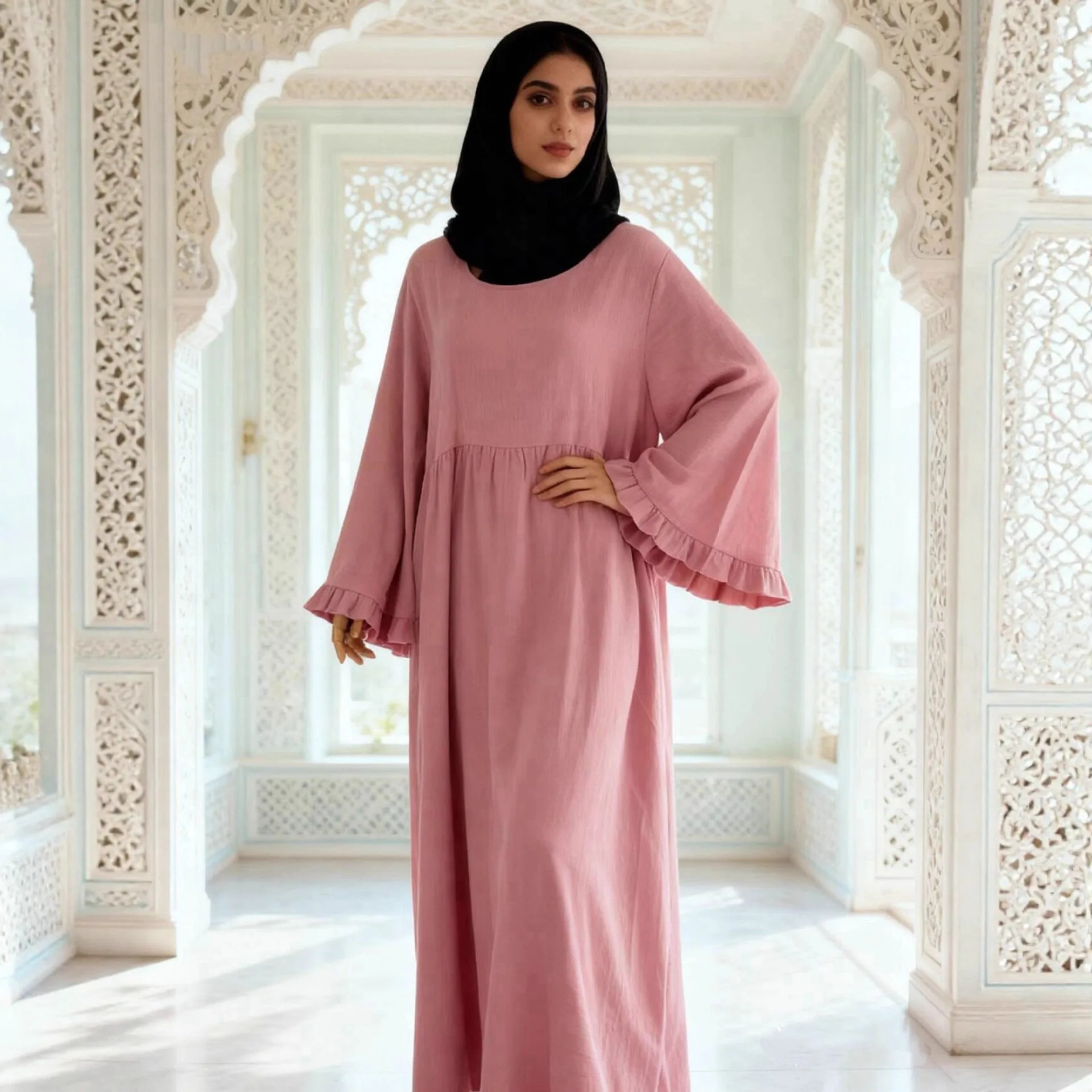 

Ramadan Dubai Abaya Ruffles Sleeve Jalabiya Turkey Kaftan Women Muslim Dress Eid Djellaba Islam Clothing Morocco Femme Caftan