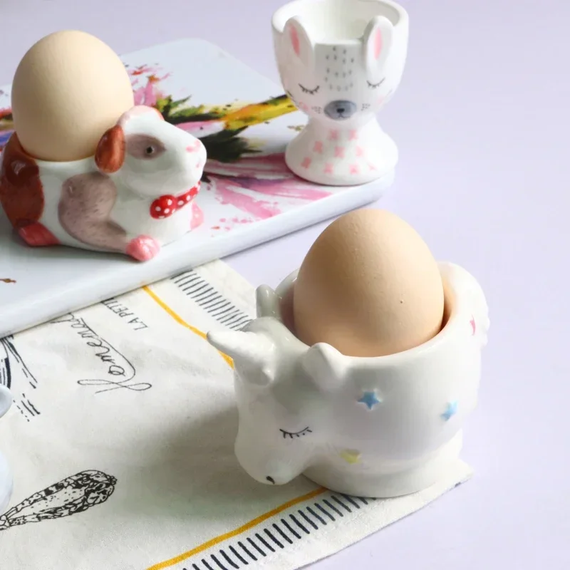 

2PCS Easter Bunny kid breakfast egg cup Cute animal shaped egg tray ceramic kitchen gadgets surprise eggs As child's Easter gift