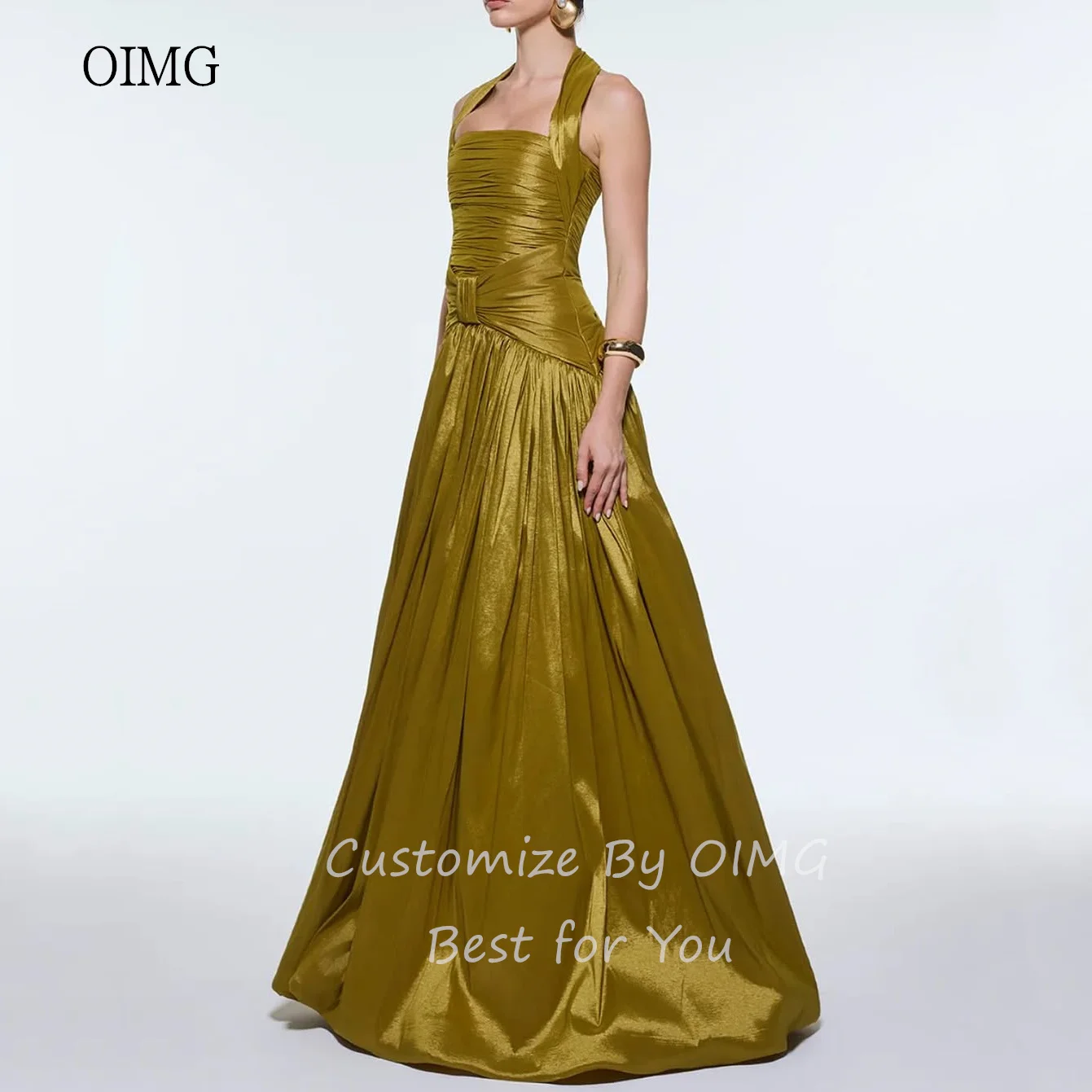 OIMG Glanzende Halter A-lijn Prom Jassen Backless Geplooide Formele Feestjurk Saudi Vloerlengte Avondjurk Aangepast