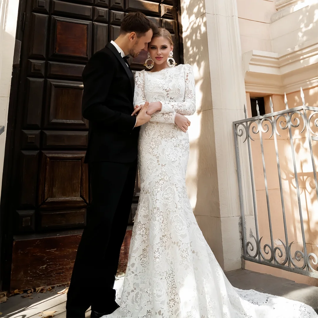 

Великолепное кружевное сексуальное свадебное платье русалки по индивидуальному заказу с длинными рукавами и иллюзией с вышивкой сзади и пуговицами, халат, свадебные платья