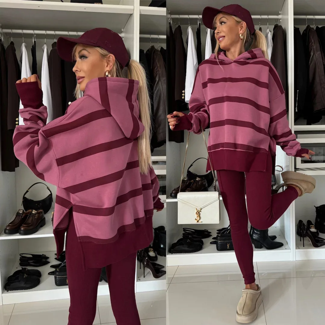 Women Two Piece Set Pants Sets Striped Hooded Sweatshirts Matching Sets Y2k Tops Tracksuit Autumn Winter Long Pant High Waist