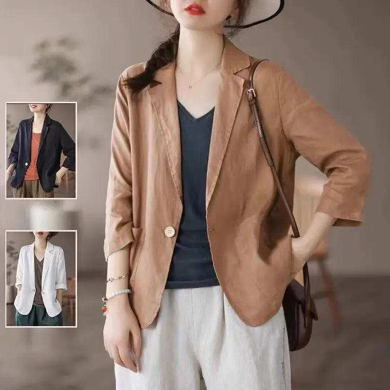 

Solid Color Simple Cotton Linen Suit Large Size Women's Three-Quarter Sleeve Lapel One Button Summer Blazer Tops Z2428
