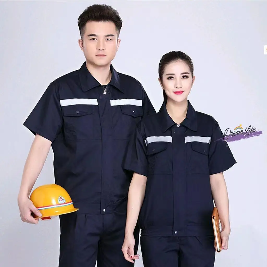 

Легкий летний комплект рабочей одежды из хлопка и полиэстера с коротким рукавом для мужчин и женщин: дышащий, влагоотводящий, грязеотталкивающий.