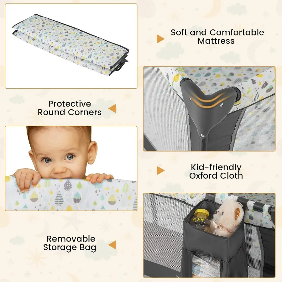 3 in 1 Pack and Play Portable Baby Playard with Bassinet Changing Table Lockable Wheels Glowing Music Box Travel Baby Crib Bass