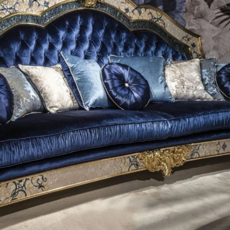 European luxury, blue fabric sofa combination, French villa living room, parquet solid wood sofa