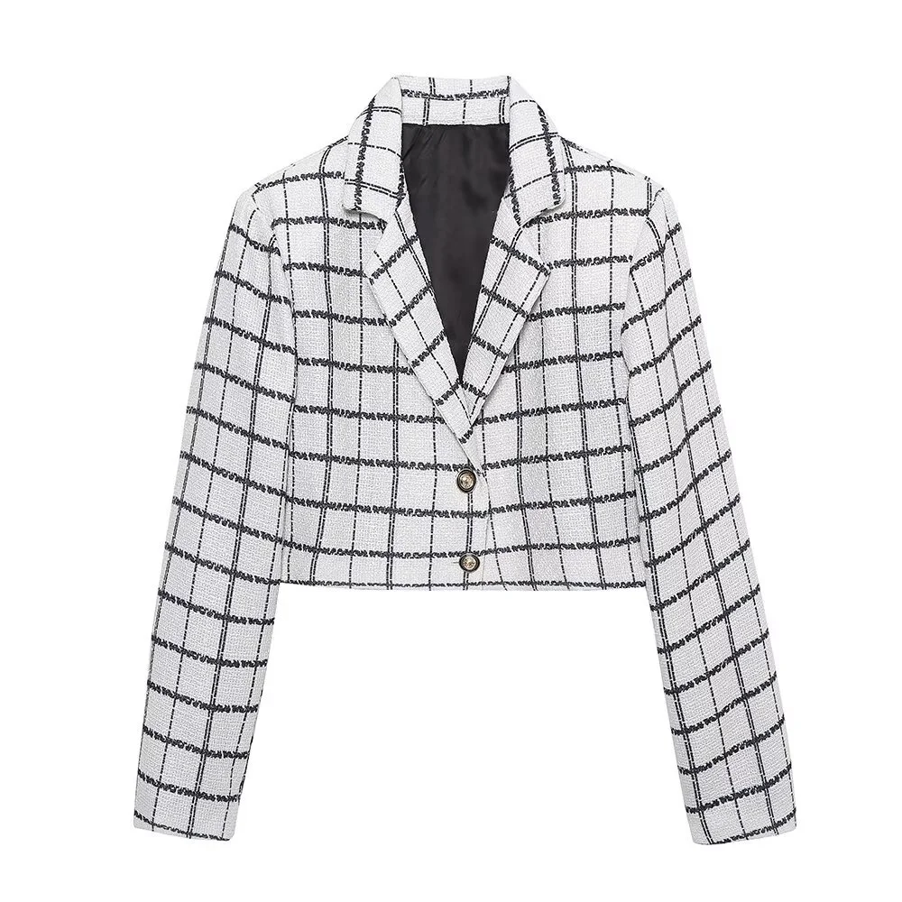 

2025 TRAF Spring New Women's Short, Fashionable, Versatile, and Casual Style Suit Jacket and Checkered Shorts Two Piece Set