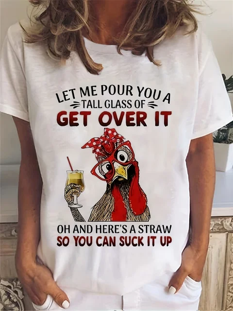 T-shirt z nadrukiem kurczaka z kreskówek Casualowy top z krótkim rękawem na wiosnę i lato Odzież damska