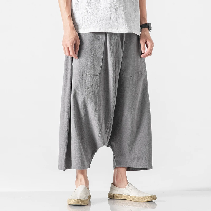 Handsome Male 100% Linen Cross Pants Summer Loose Capris Ethnic Travel Streetwear Trousers Thailand Nepal Draw String Patalon