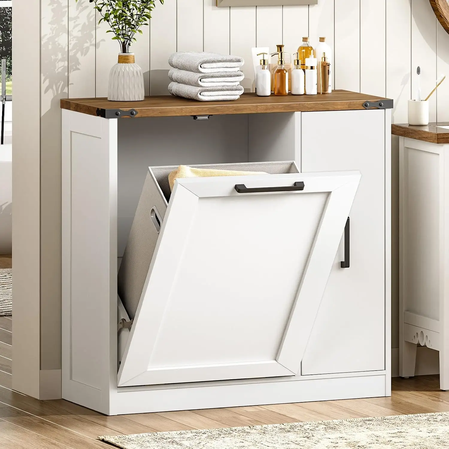 Tilt Out Laundry Hamper Cabinet, 11.1 Gallon Hidden Laundry Sorter Cabinet with Pull-Out Storage Shelves, Customized