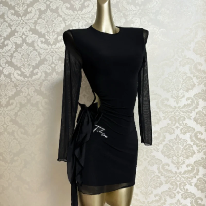 

2025 Black Long Sleeve Mesh Dress Latin Dance Dress Costume Backless Practice Dress Female Chacha Rumba Dance Clothes DQL11465