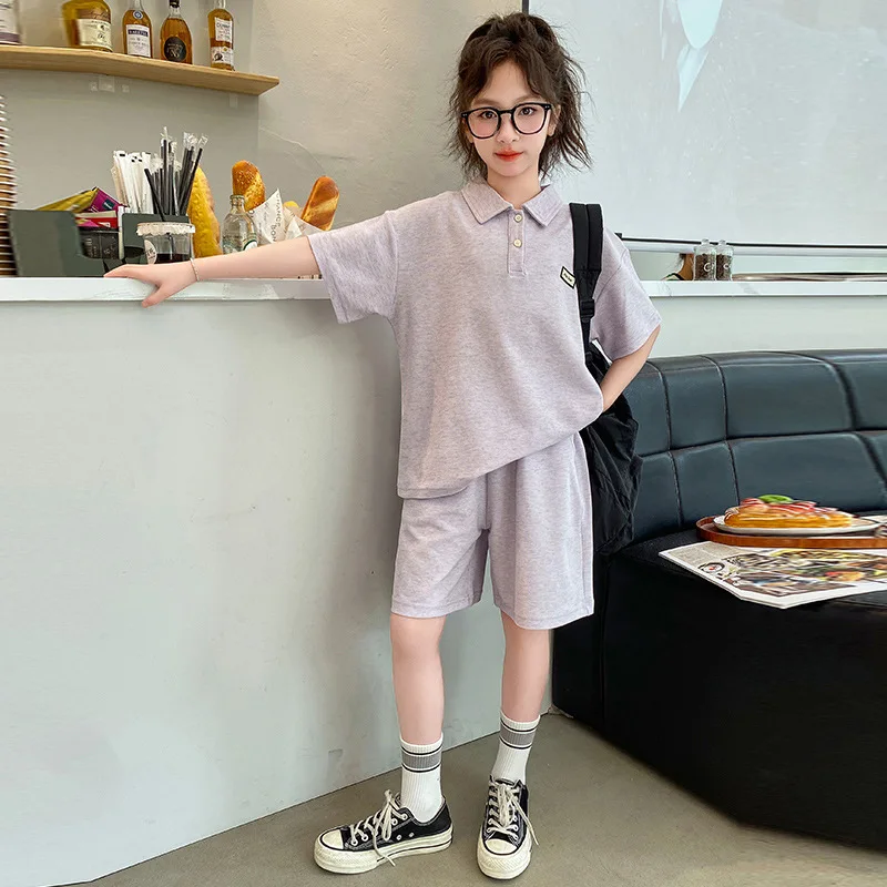 

Girls Suits Summer Set 2024 New Korean Version Childrens Short-sleeved Top Thin Loose Sports Shorts Two-piece Set Clothes