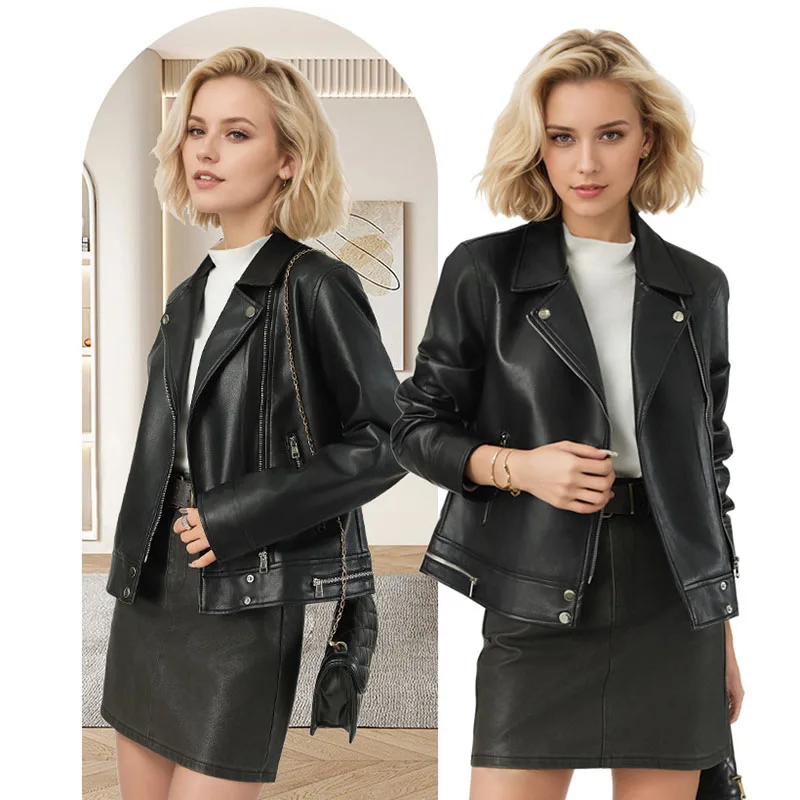 Chaqueta de cuero PU gruesa de alta calidad para mujer, gabardina de cuero locomotora negra suave con cremallera informal para primavera, Otoño e Invierno