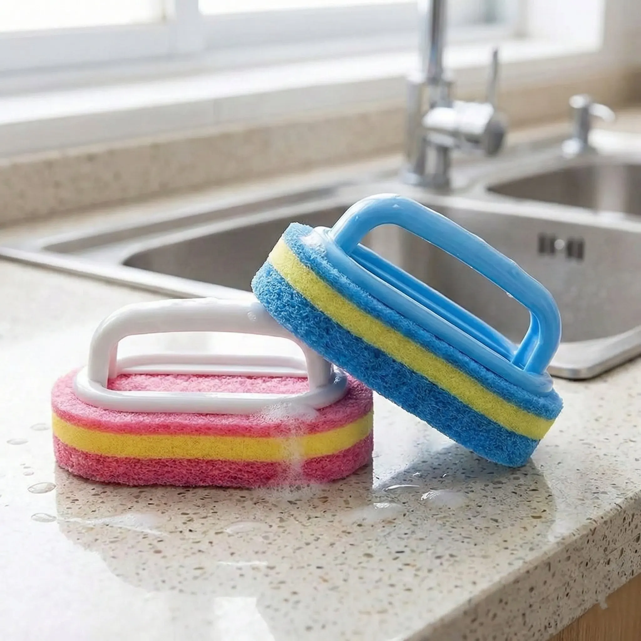 

2Pcs Handle Sponge Cleaning Brush, High-Density Oil-Proof Scrubber with Hand Protection for Kitchen Dish Washing
