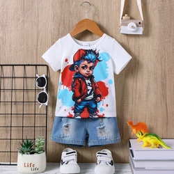 2PCS Summer Boys Set Short sleeved Graffiti Element Boys Comic Trendy T-shirt Top Casual Cowboy Hollow Shorts Fashion Baby Kids