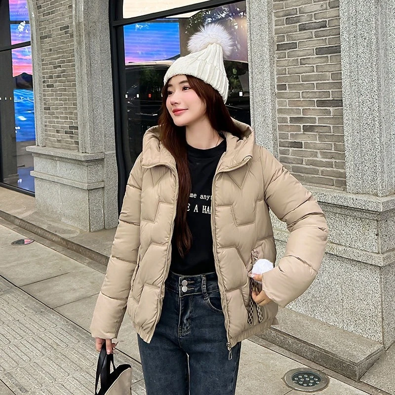

2025 зимняя женская короткая куртка-пуховик, приталенное пальто с капюшоном, студенческая зимняя одежда, верхняя одежда в корейском стиле