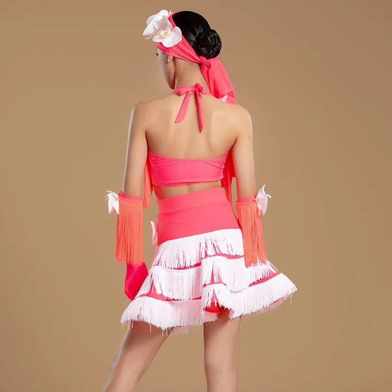 Traje de baile latino para niños, ropa de actuación para niñas, conjuntos de vestidos de baile con borlas de flores, traje de competición de baile Cha Rumba BL14137
