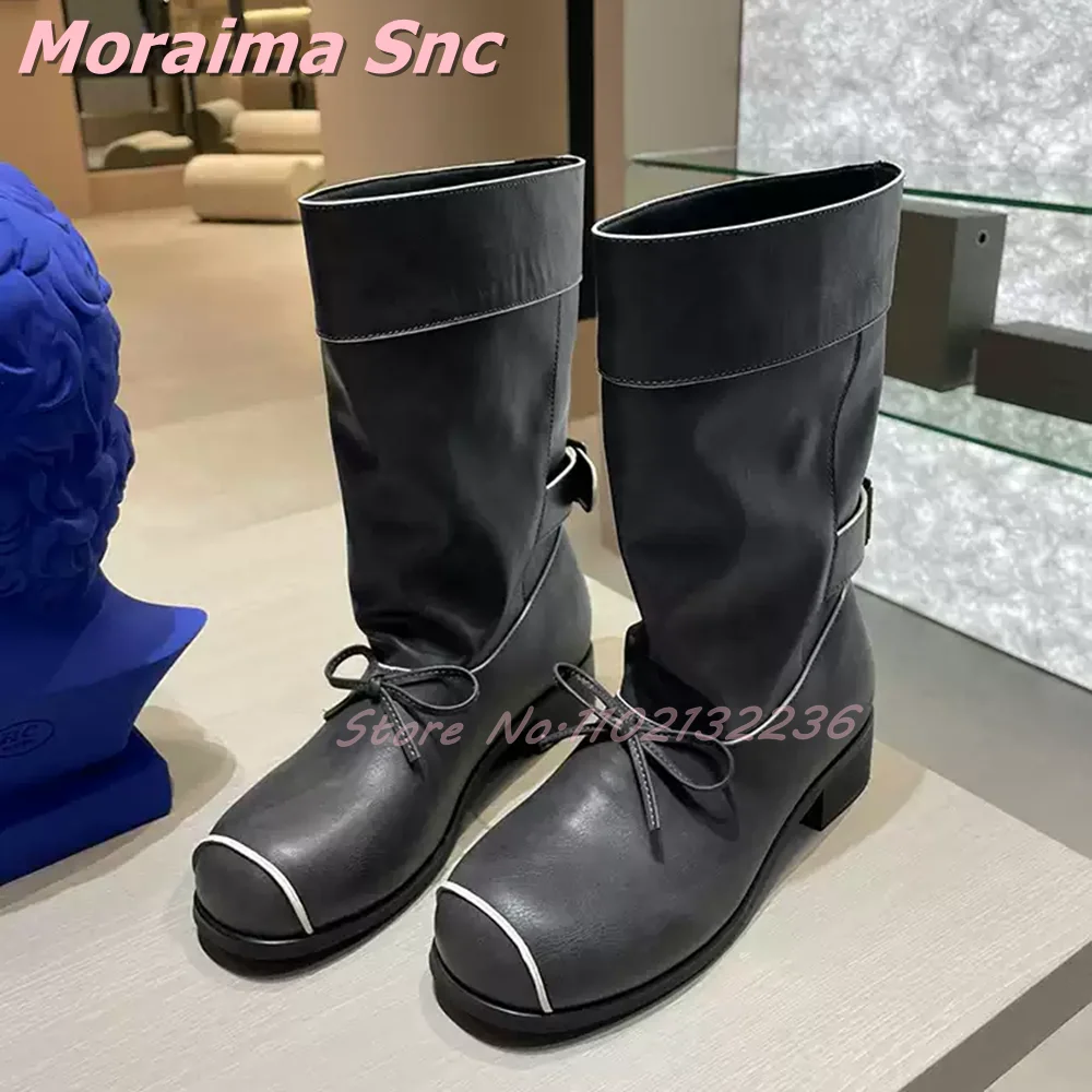 Botas de Media Caña con Punta Redonda y Lazo de Mariposa, Decoración de Hebilla en la Parte Trasera, Caña Ancha, Estilo Slip-On, Botas Cortas Occidentales de Moda para Mujer, Otoño Invierno