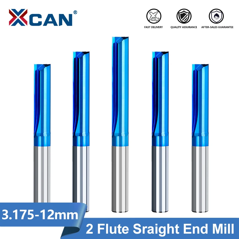 XCAN 2 Flute End Mill CNC Bit Carbide CNC Router Bit Milling Tool 1pc 3.175/4/6/8/10/12mm Shank Straight Slot Milling Cutter