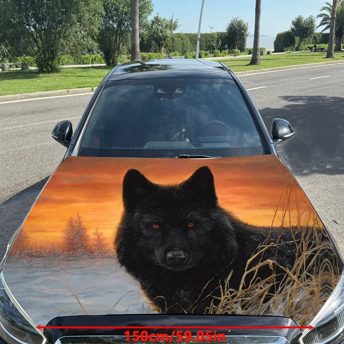 Mesmerizing Black Wolf Amid Sunset Field Car Vinyl Wrap, PVC Material Waterproof Car Hood Sticker, Self-Adhesive Scratch-Resista