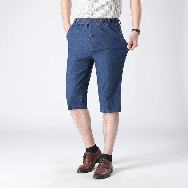 

Loose Fit High Waist Elastic Waist Denim Jeans Men's 7/8 Length Casual Pants Deep Crotch Summer orts American Sle