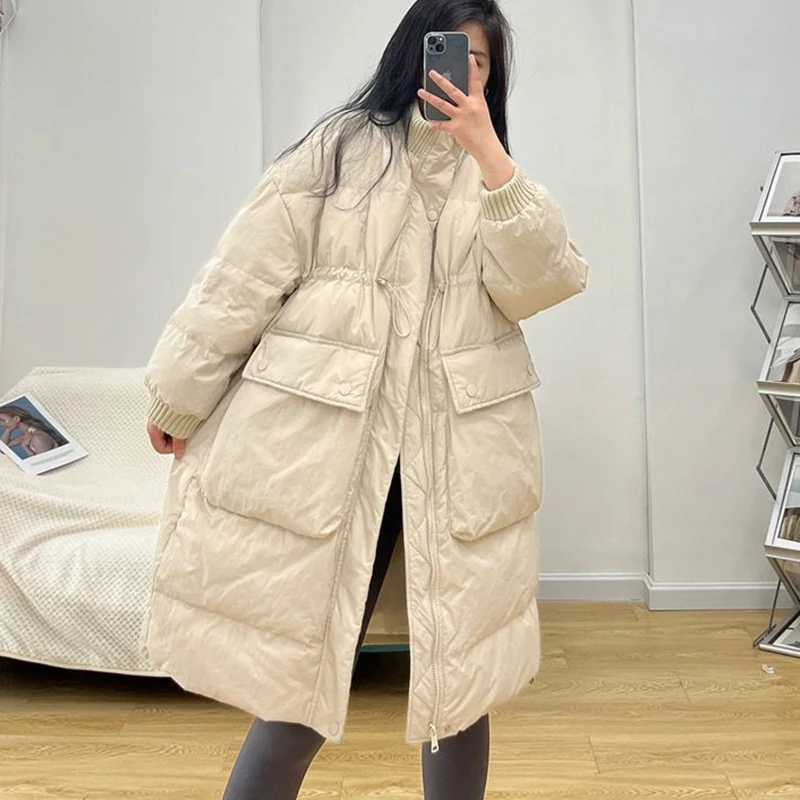 

Solid Color Pocket Button Zipper Down Jacket 2023 Winter Stand Collar White Duck Down Jacket Thicken Loose Casual Down Jacket