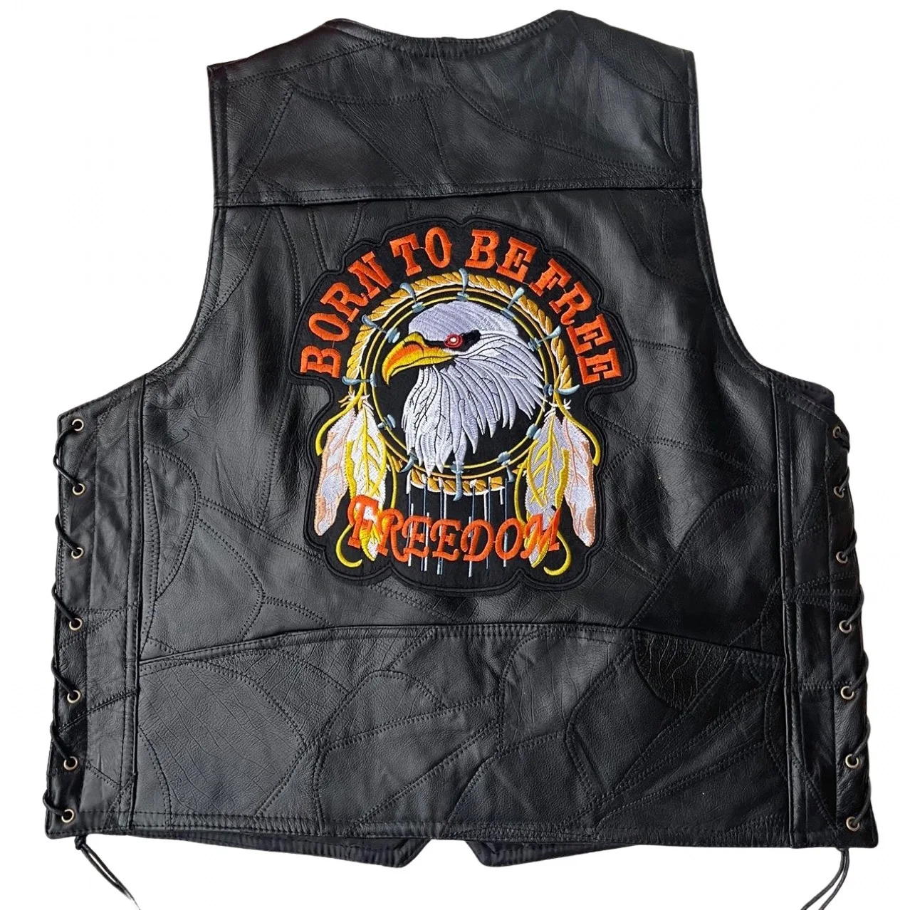 Retro Embroidery Men\'s Motorcycle Leather Vest Moto Vest Sleeveless Jacket Riding Vests Side Bandage Men Motorbike Waistcoat