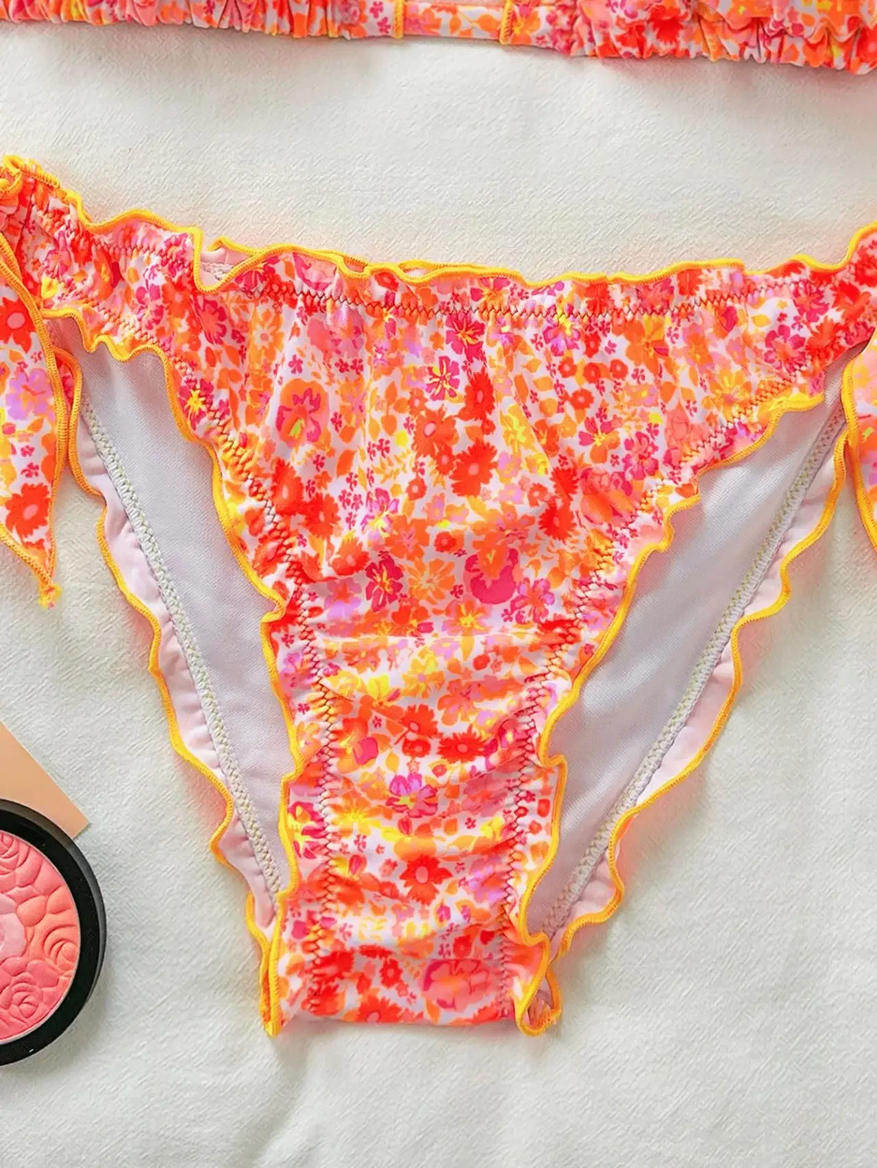 Women Thong Bikini Set Side Lace-up Sexy Swimsuit Bandage Neck Tie Swimwear Adjustable Floral Bikini Underwear Chic