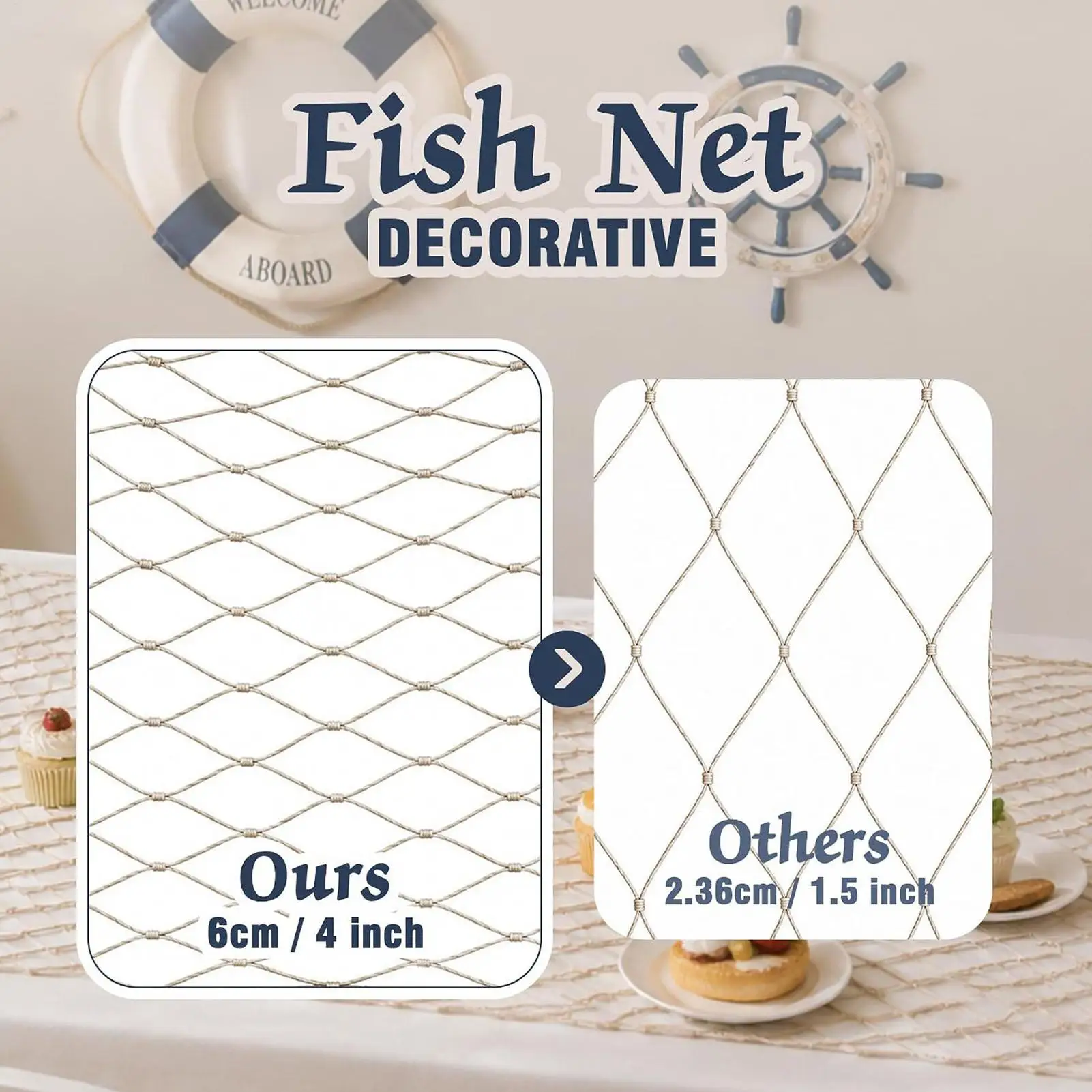 Decorative Fish Net 4 Pieces Woven Nautical Mermaid Themed Wall Art Table Runner Fish Net Decor Set For Beach Pirate Sea