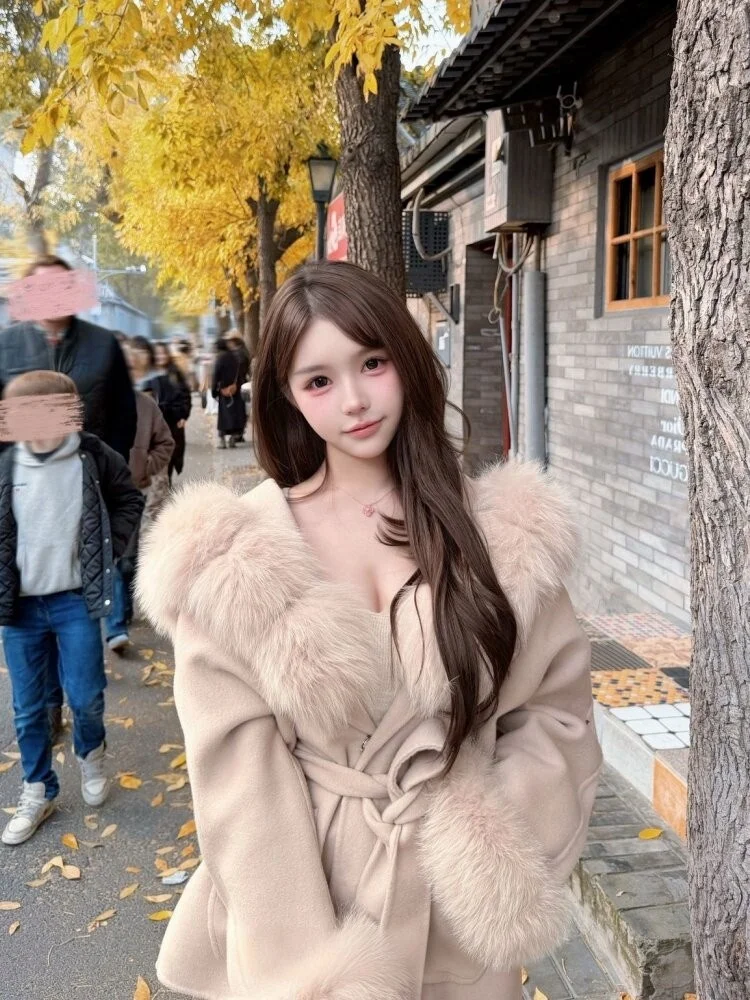 

Loose Warm Woolen Coat with Fur Collar Snowy Hood for Women Casual Winter Outerwear Mid-Length Open-Sle Coat