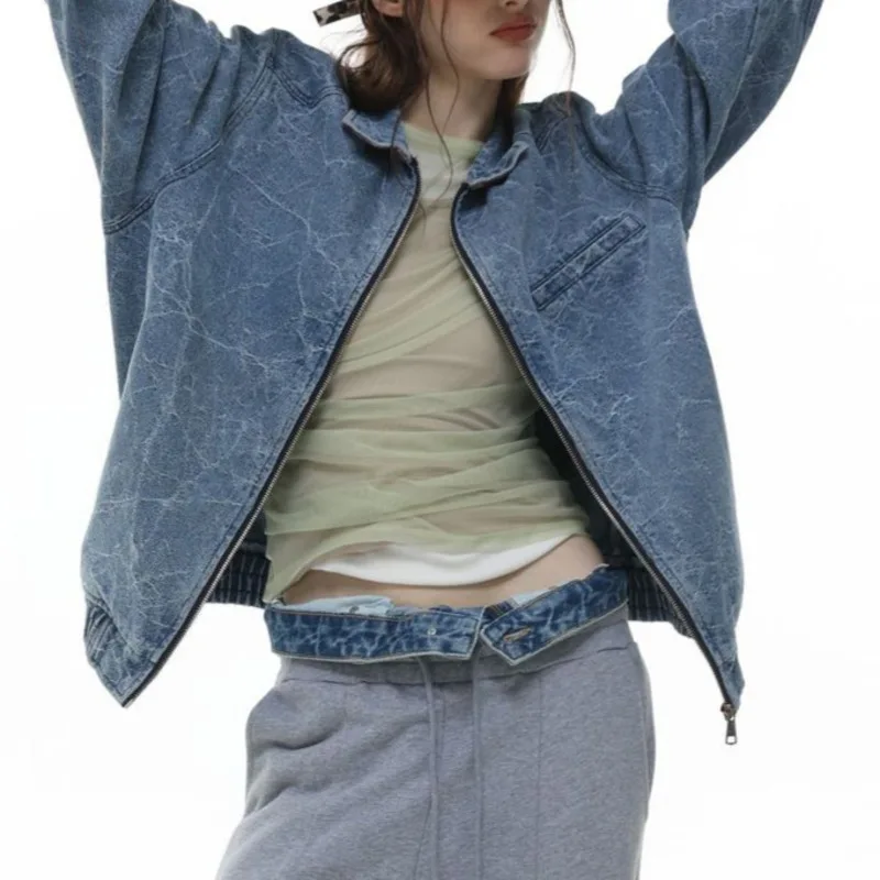 ANJY خريف شتاء جديد إمرأة الاتجاه الأمريكي غسلها الكراك عادية الدنيم سترة Ins مزاجه فريد بدوره إلى أسفل طوق معطف A15079 #3