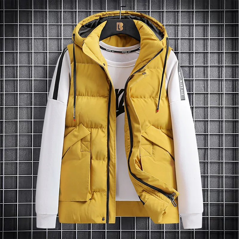 Large Size Down Cotton Vest Men's Solid Color, Winter Detachable Hood, Vest, Shoulder Strap, Trendy Brand, Thickened Warm Jacket