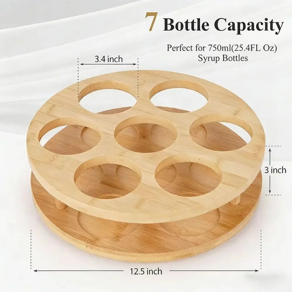 Bamboo Coffee Syrup Organizer Rack with Rotating 7 Bottle Display Holder for Kitchen