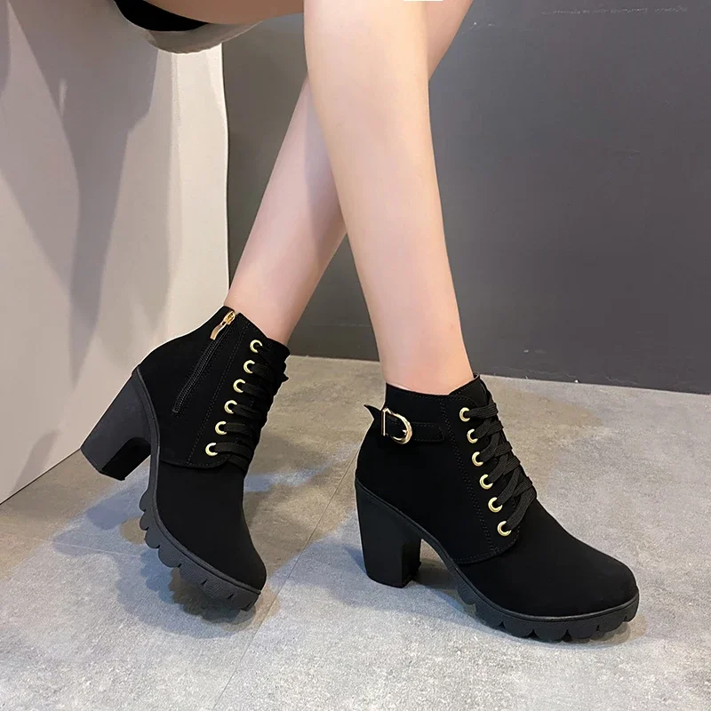 Autumn 2022 Women\'s Boots Thick Heeled Ankle Boots Women High Heel Platform Boots Female Snow Boots Lace-Up Fashion Boots botas