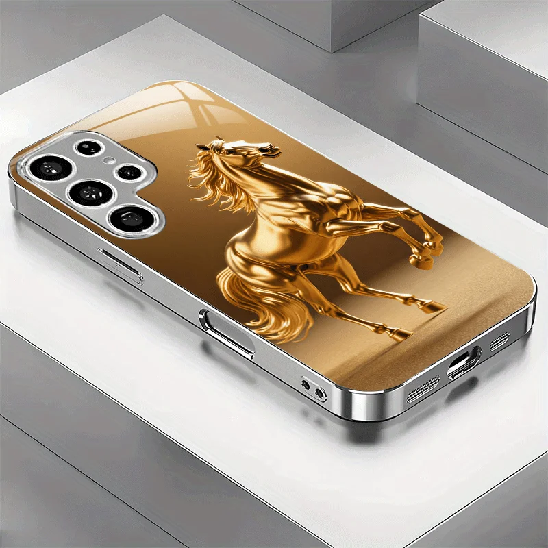 Golden galloping pattern glass phone case suitable for Samsung Galaxy S26 S25 S24 S23 S22 S21 S20 FE/Ultra/Plus anti drop