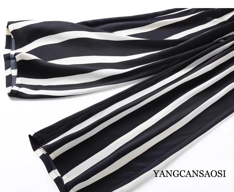 24MM Heavyweight 93% Natural Mulberry Silk Elastic Wrinkle Versatile Classic Black and White Vertical Stripe Wide Leg Pants