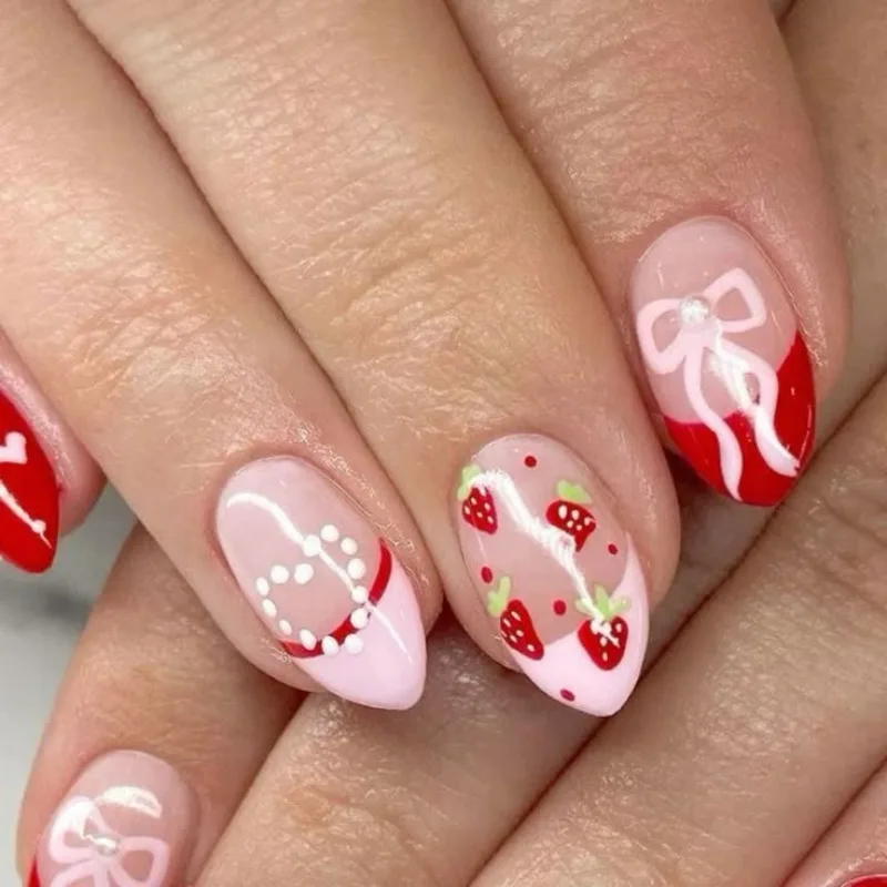 

24PCS Short Almond Press on False Nails Simple Pink French Fake Nails for Women Sweet Strawberry Bow Ins Nails Wearable Manicure