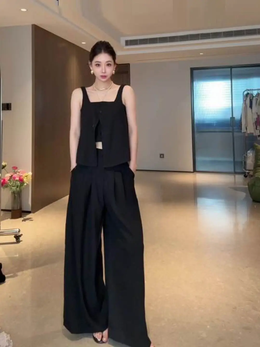 

Black Vest Top And Wide Leg Pants Women's Fashion Set Summer New Style Slimming Design Casual Comfortable Breathable Outerwear