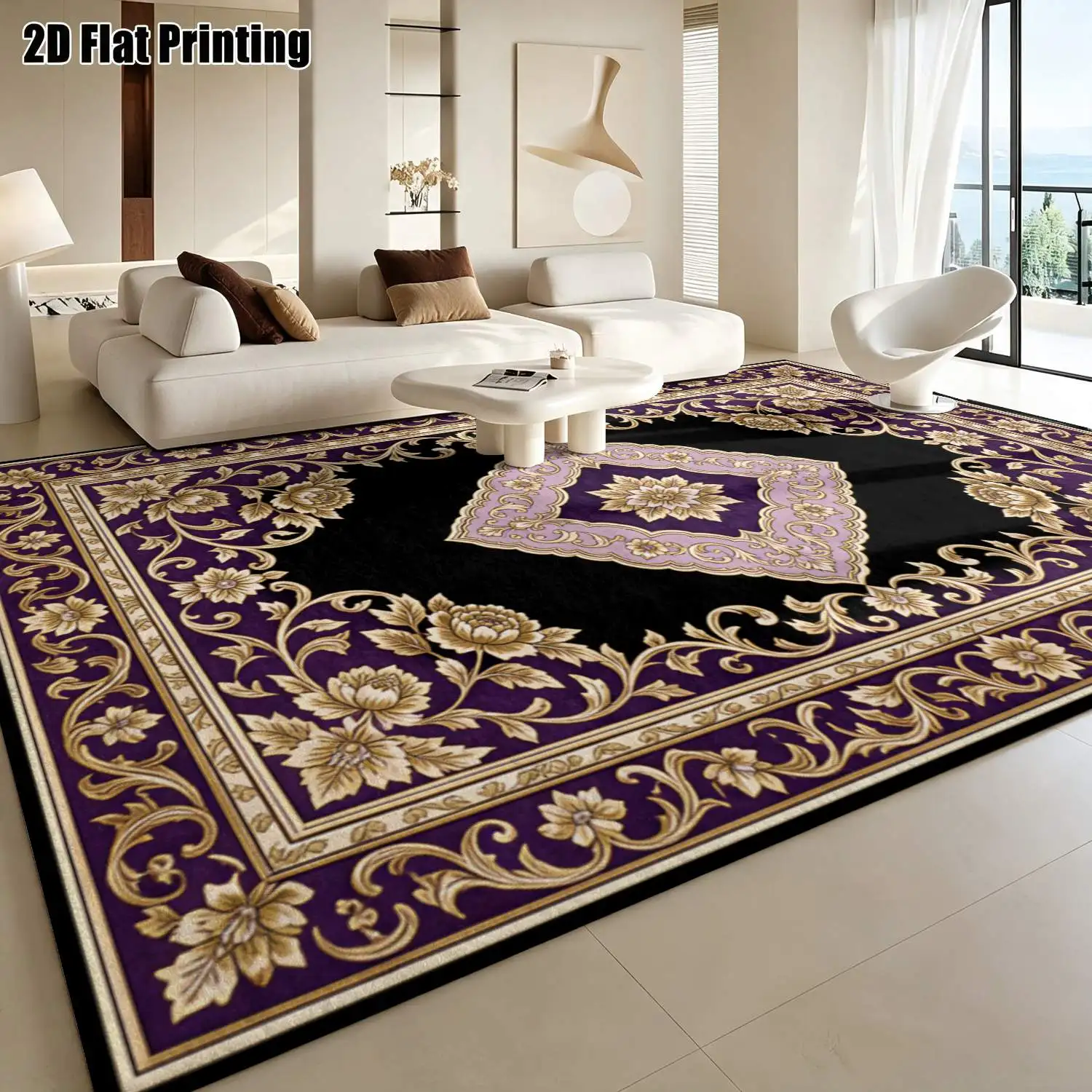 1Pc 2D Printed Retro European Floral Carpet, Black-Gold-Purple Tones Machine-Washable, Multi-Size, Ideal for Home Decor: Entryway/Dining Room/Foyer/Study/Living Room/Bedroom Spaces.