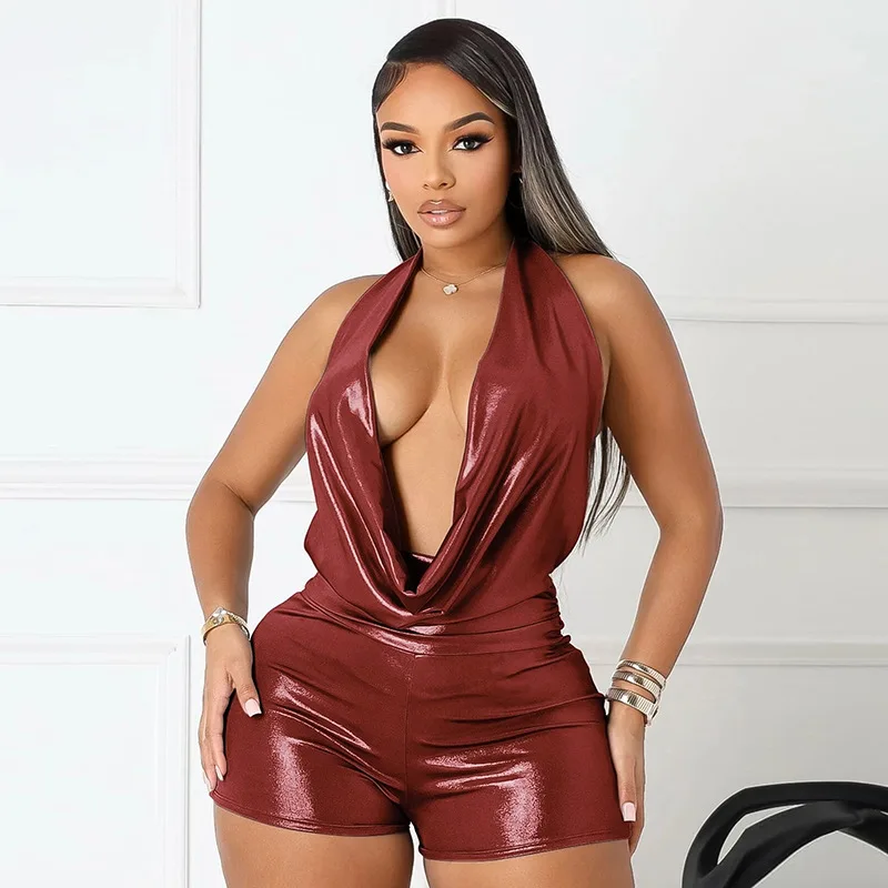 

Women's 2026 Spring Summer New Metallic Halter Draped Neck Backless Tie Knot 3/4 Length Romper For Party