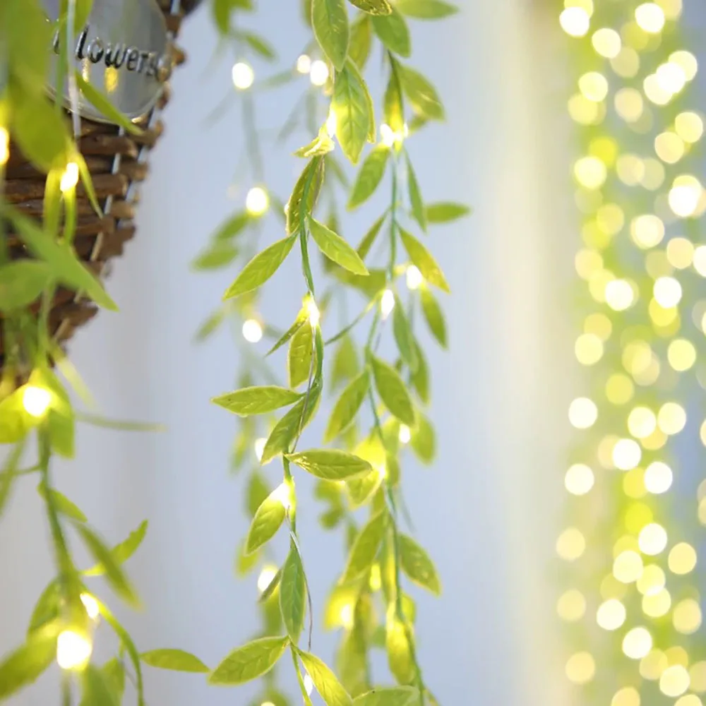 LED curtain light simulation willow leaf light 8 function USB power supply green leaf vine light courtyard decoration