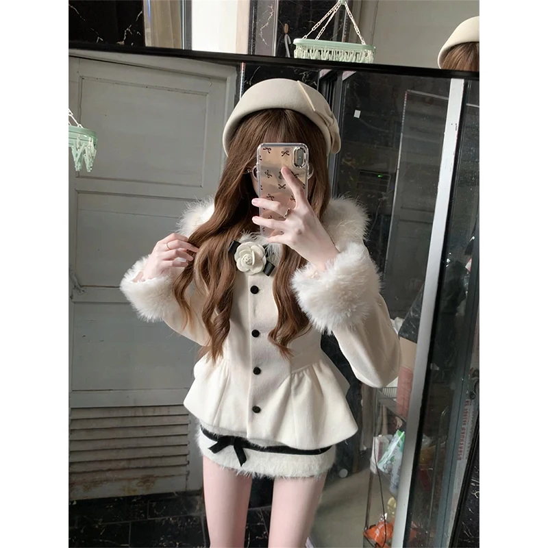 2 Piece Set Women Outfit Cropped Faux Woolen Jacket Elegant Bow Mini Skirt Sweet Korean Faux Fur Patchwork Coat Winter Outfits