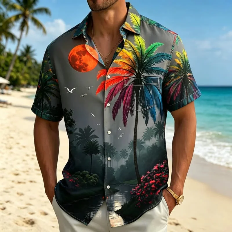 Herrenhemd mit tropischem Landschaftsdruck, Kurzarmhemd mit Taschen, geeignet für tropische Strandurlaube.