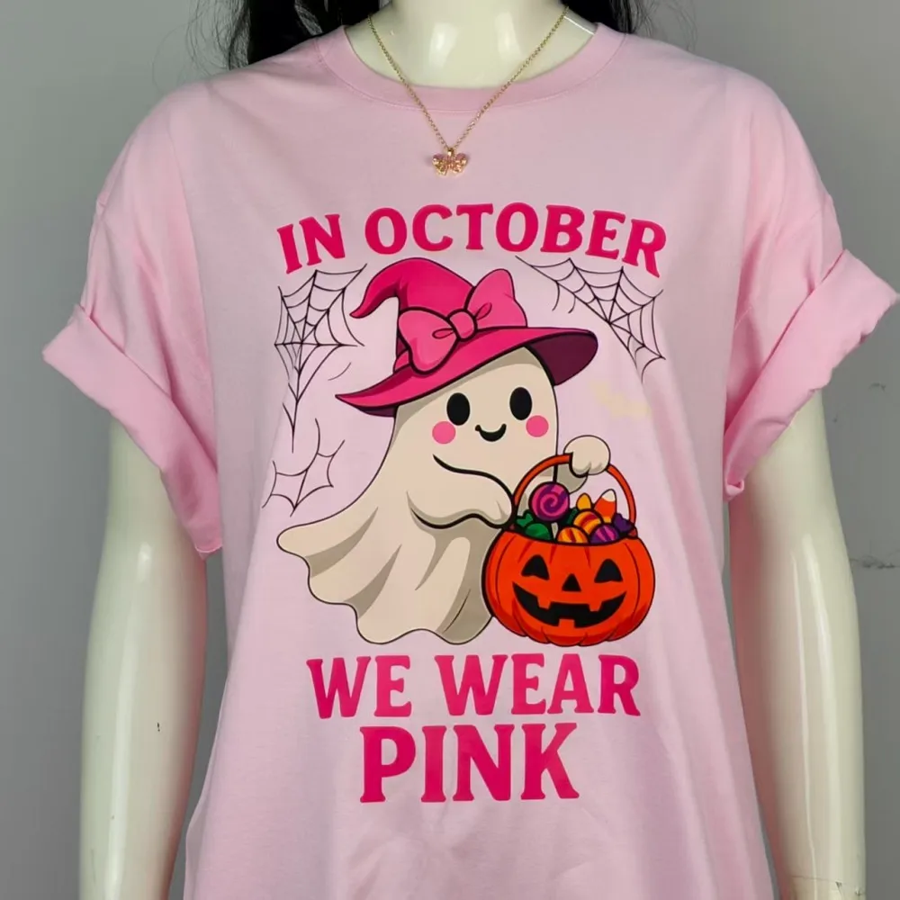 In October We Wear Pink Tshirt Cute Ghost Halloween Sublimation Shirt Breast Cancer Awareness Spooky Tee Women Daily Life Tops view 6