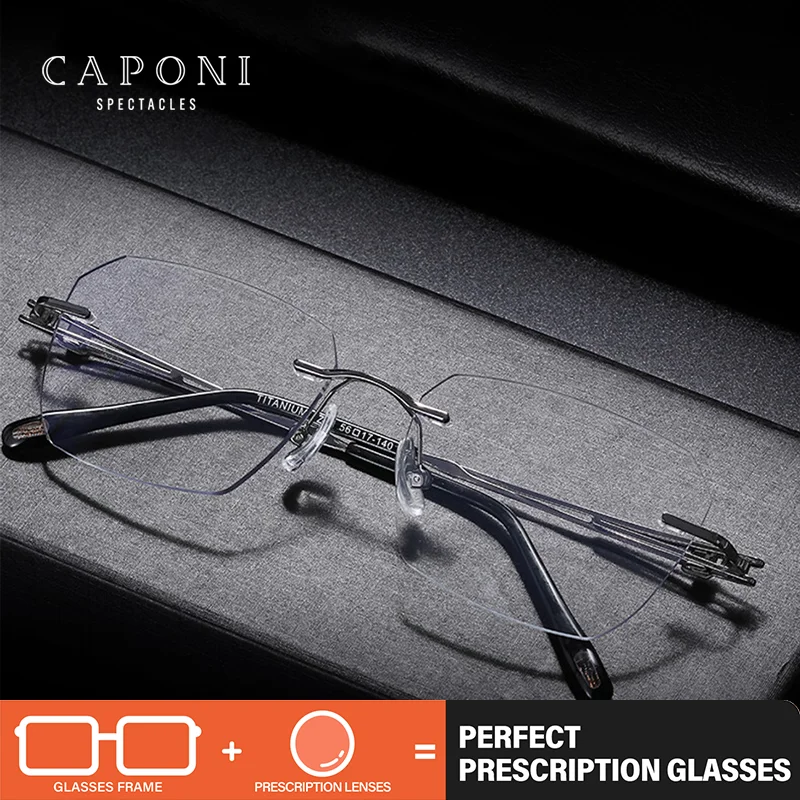 CAPONI Prescription Men Glasses Pure Titanium Progressive Computer Glasses Anti Blue Light Reading Rimless Eyeglasses PJ23503
