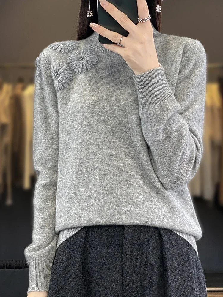 

High Neck Sweater Women New Autumn Winter Cashmere Sweater Three-Dimensional Hand Embroidered Pullover Sweater Long Sleeve Top