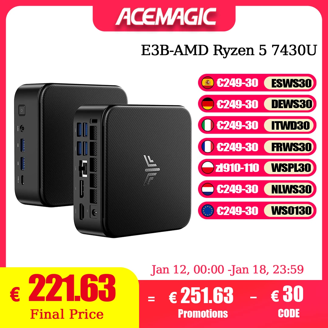 ACEMAGIC Mini PC avec AMD Ryzen 5 7430U 16 Go DDR4 512 Go M.2 SSD Mini PC de jeu avec USB type-c prend en charge le triple écran 4K