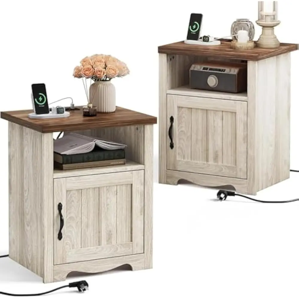 

18.9” Nightstand Set of 2, Wood End Table w/Charging Station, Side Table, Couch & USB Ports and Outlets, Nightstand with Storage